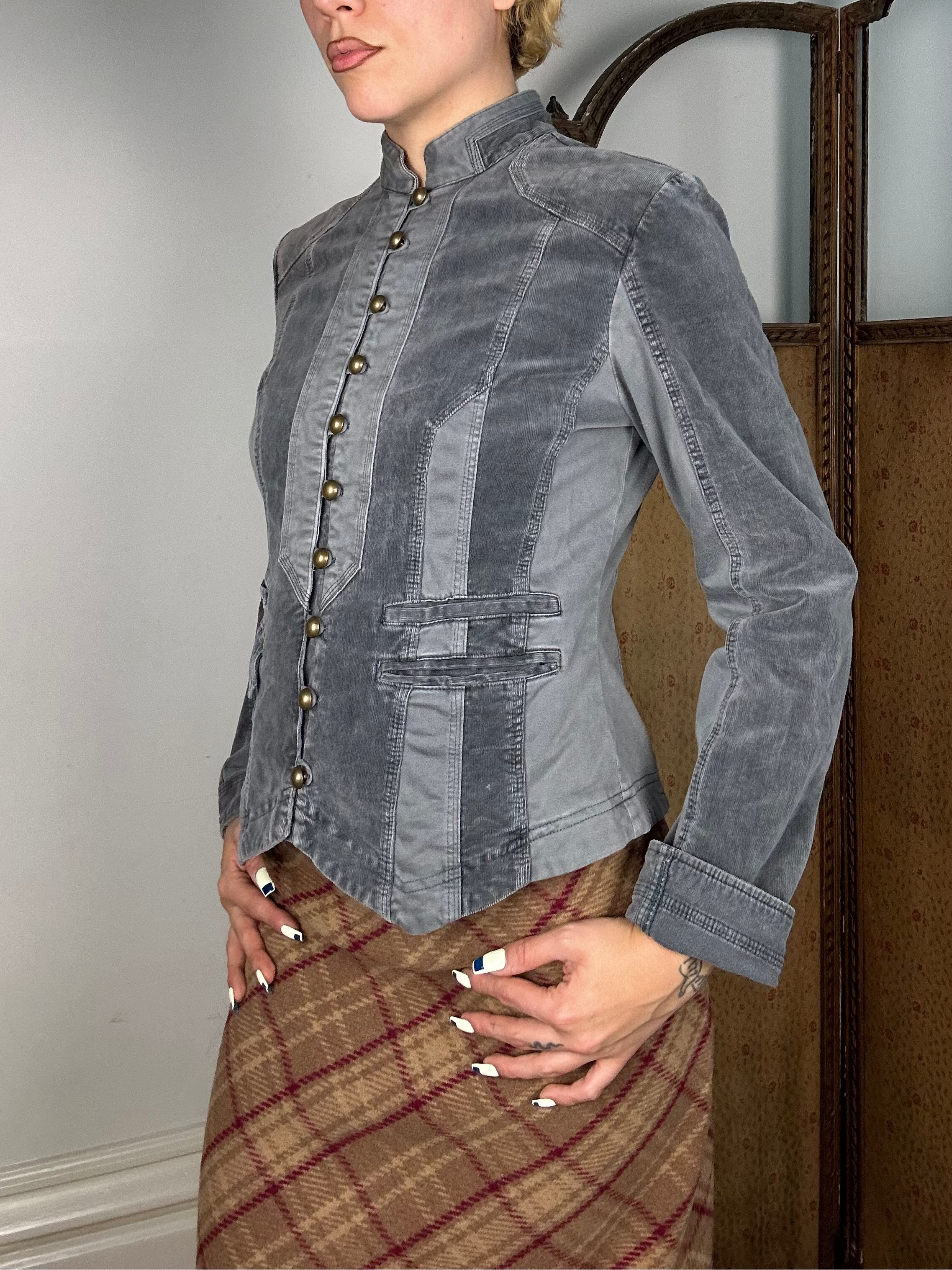 Grey Striped Military Style Jacket