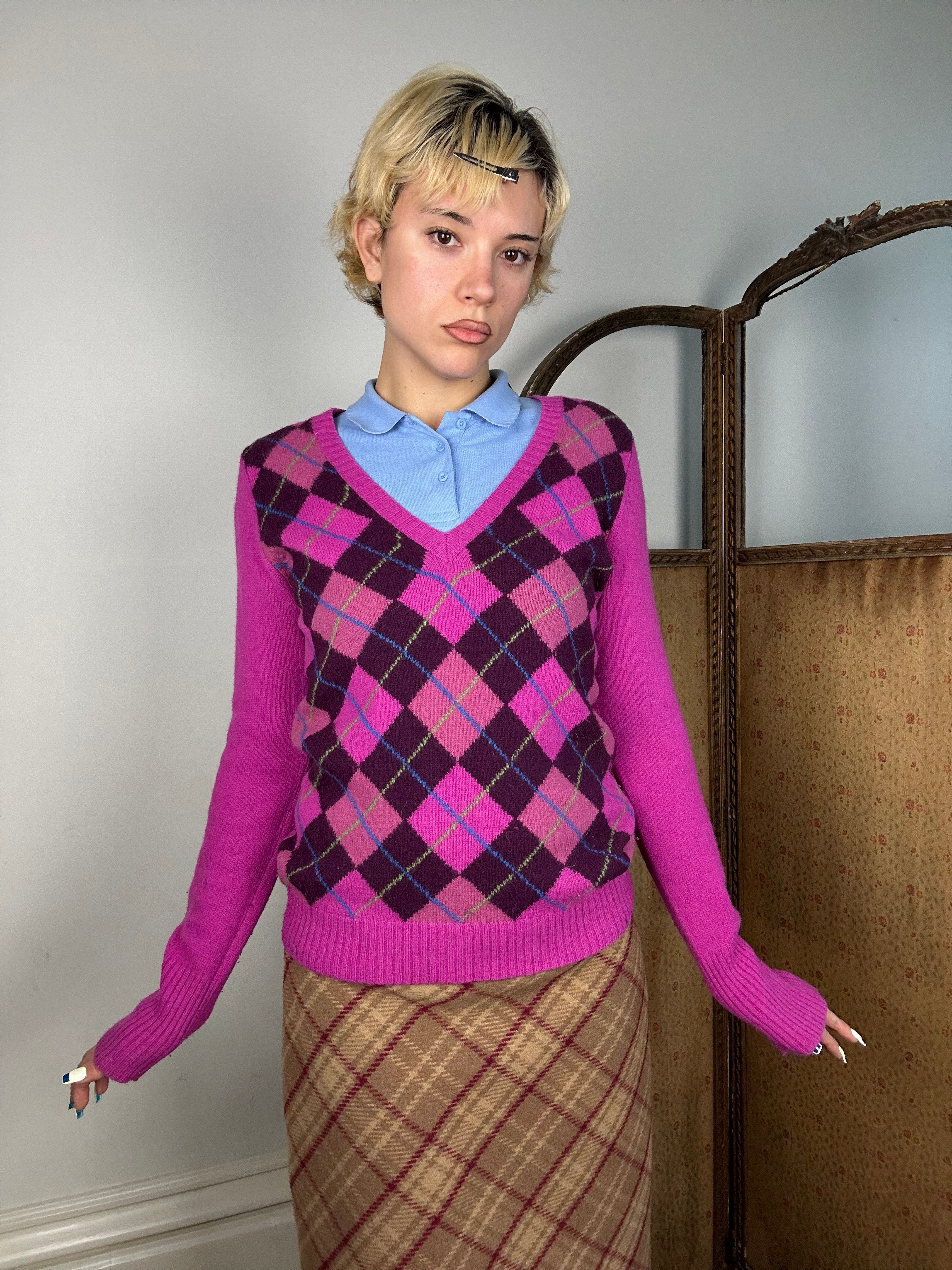Hot Pink Argyle Sweater