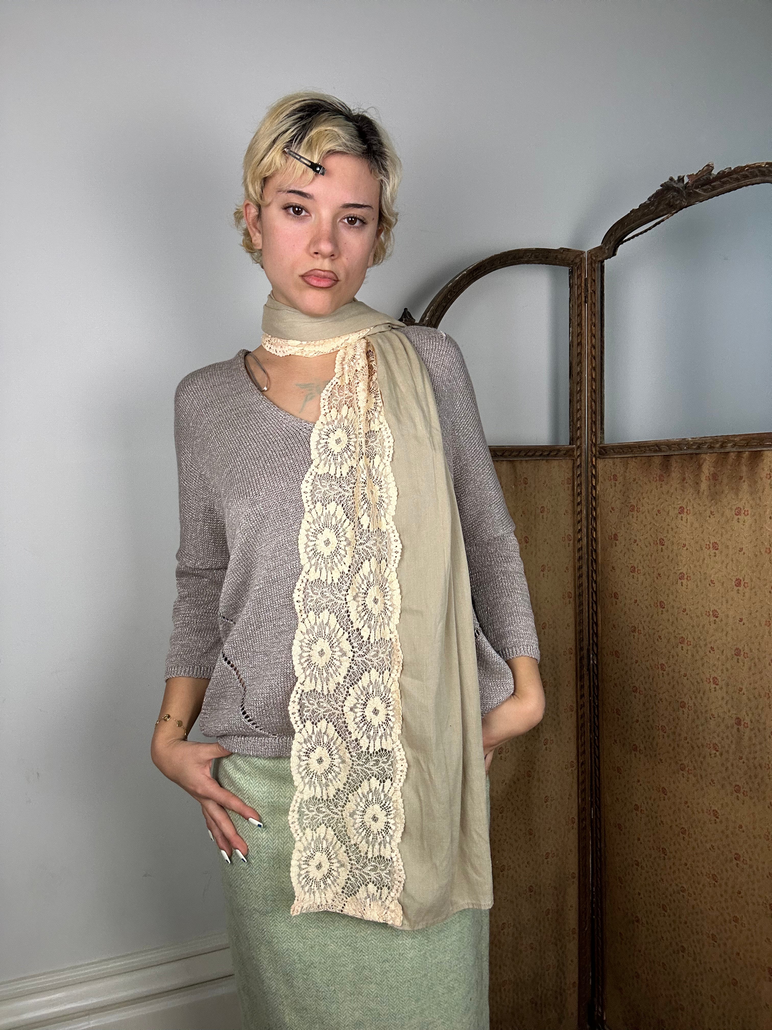 Cotton Green and Lace Scarf