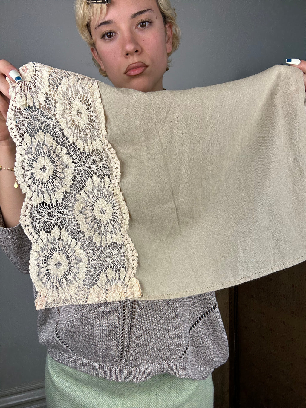 Cotton Green and Lace Scarf