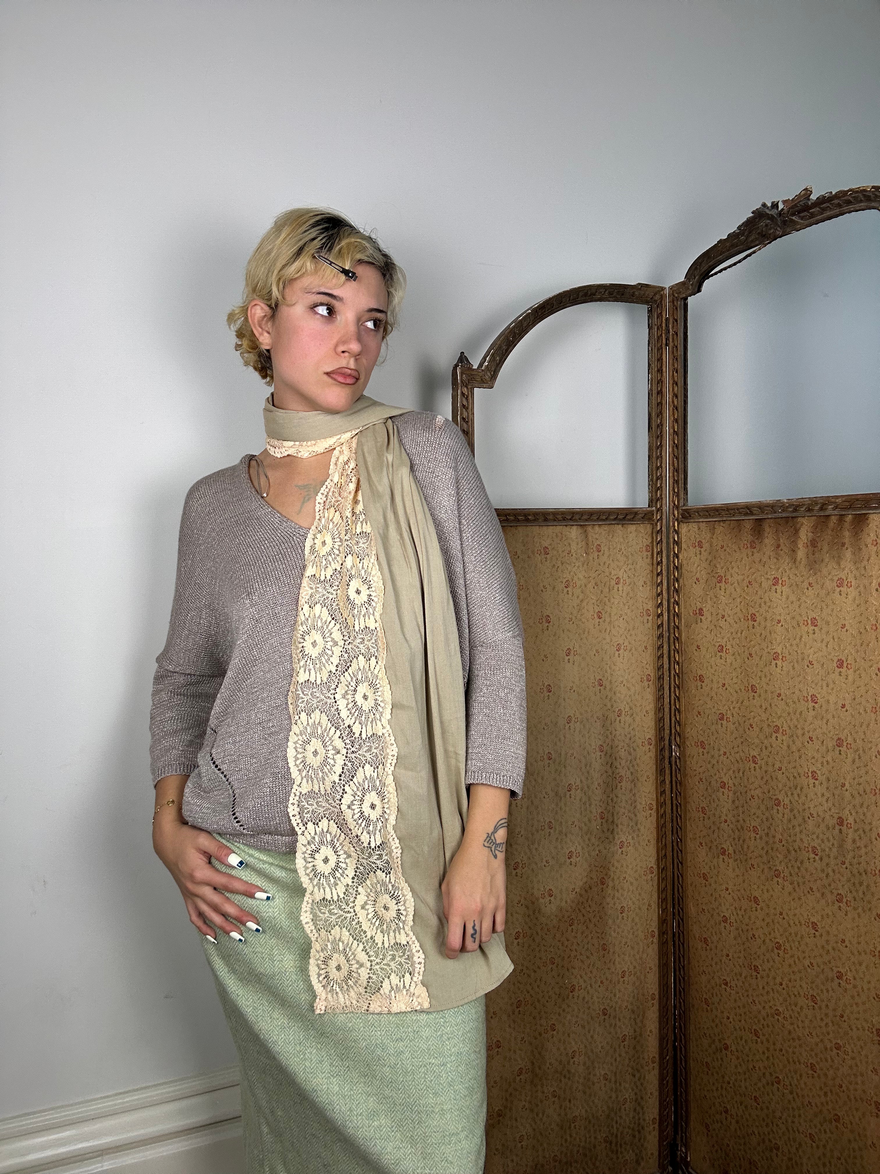 Cotton Green and Lace Scarf