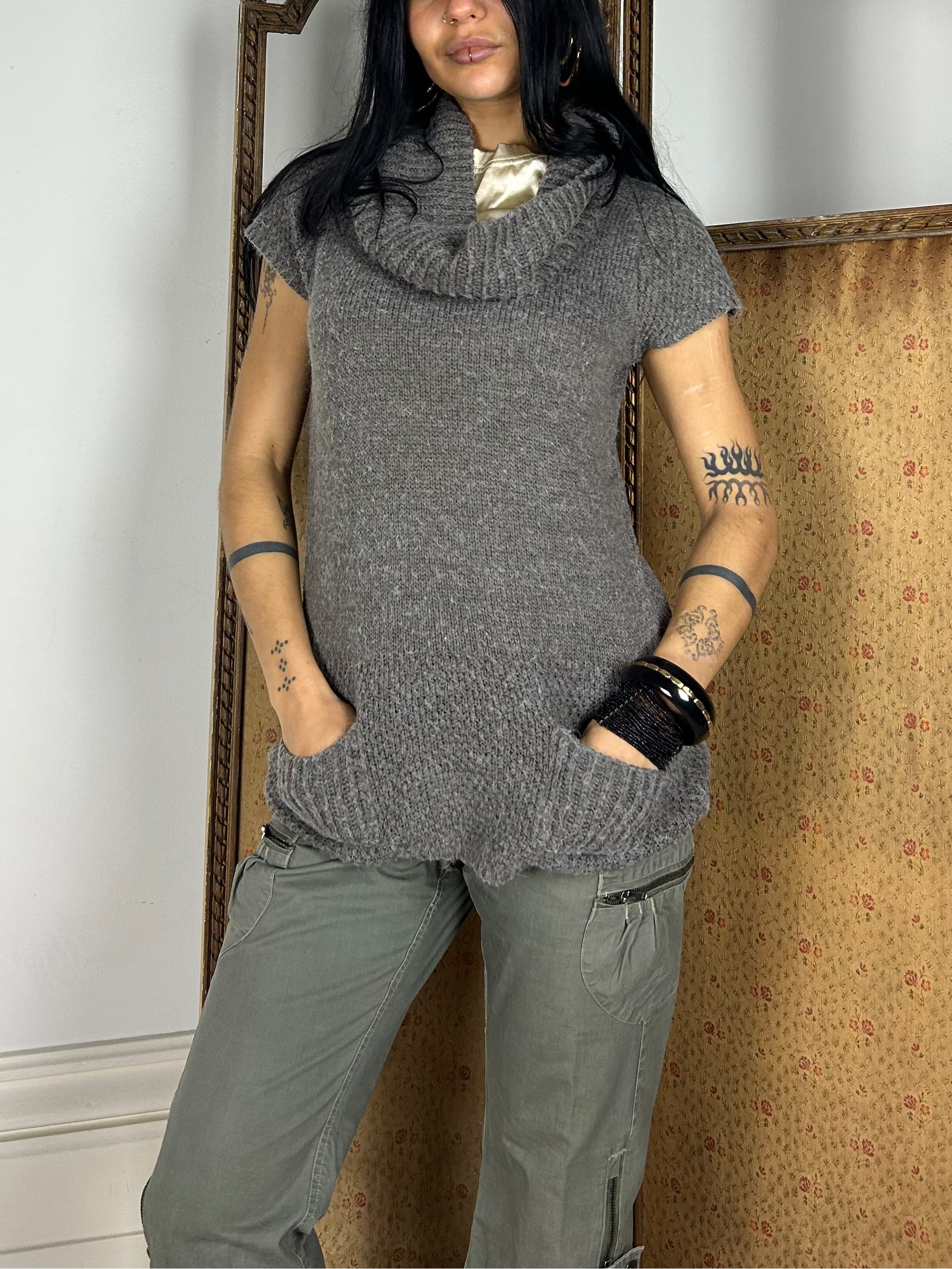 Knit High Neck Top With Pockets