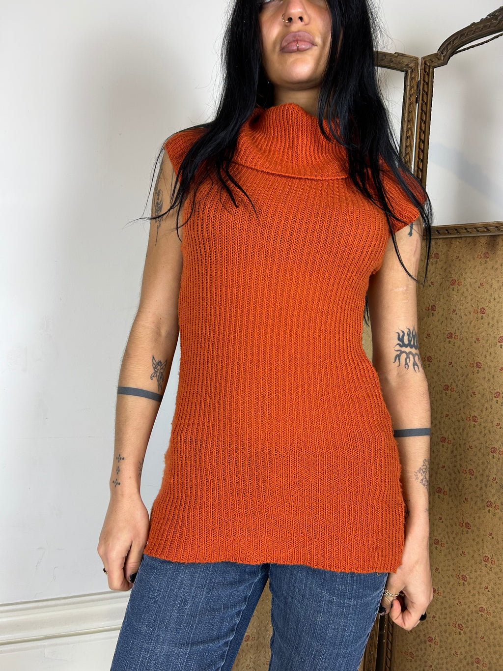 Orange Knit High Neck Top