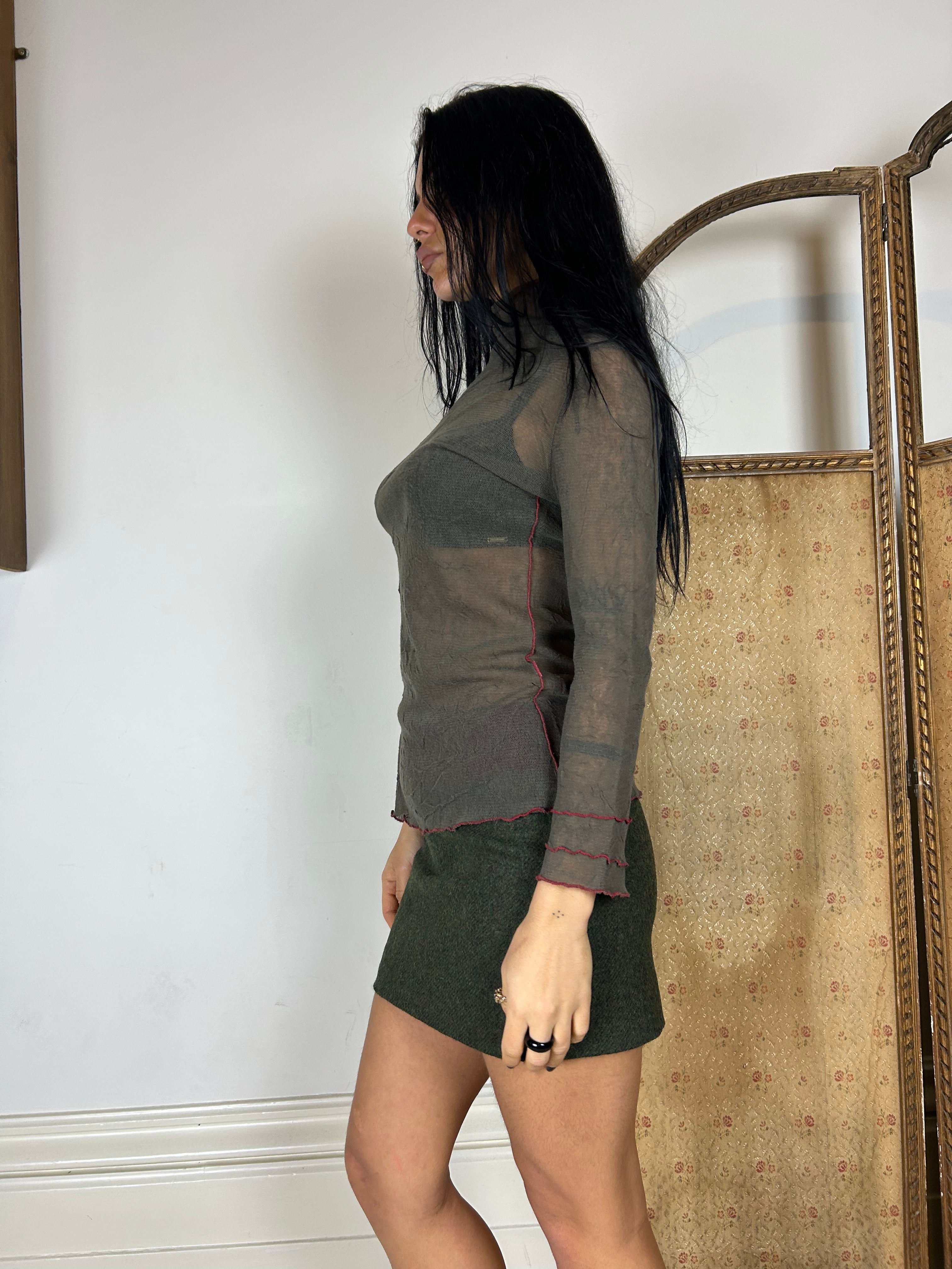 Khaki & Red Mesh Top