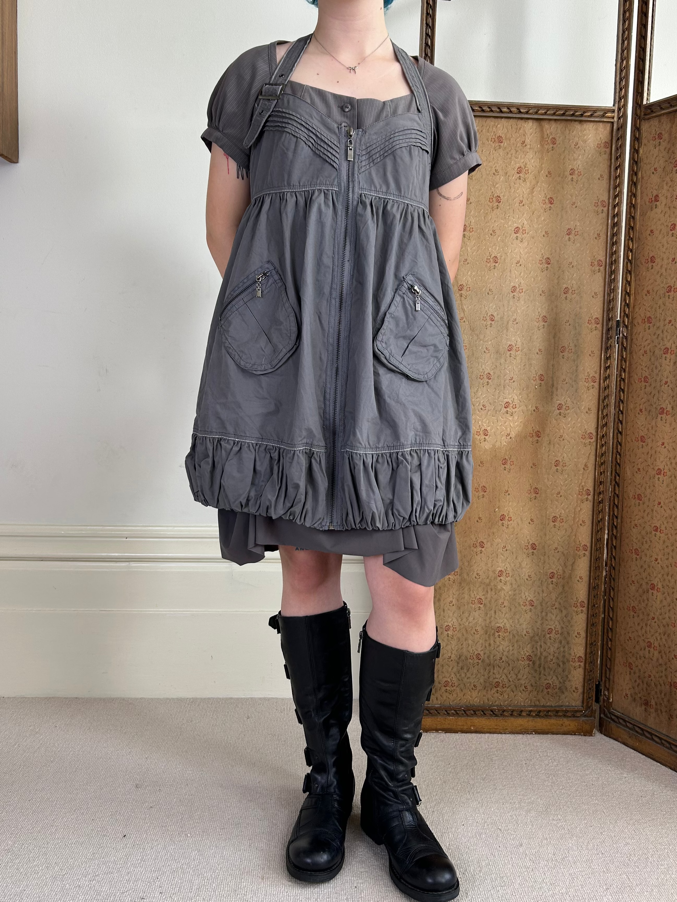 Grey Cargo Zip Up Dress