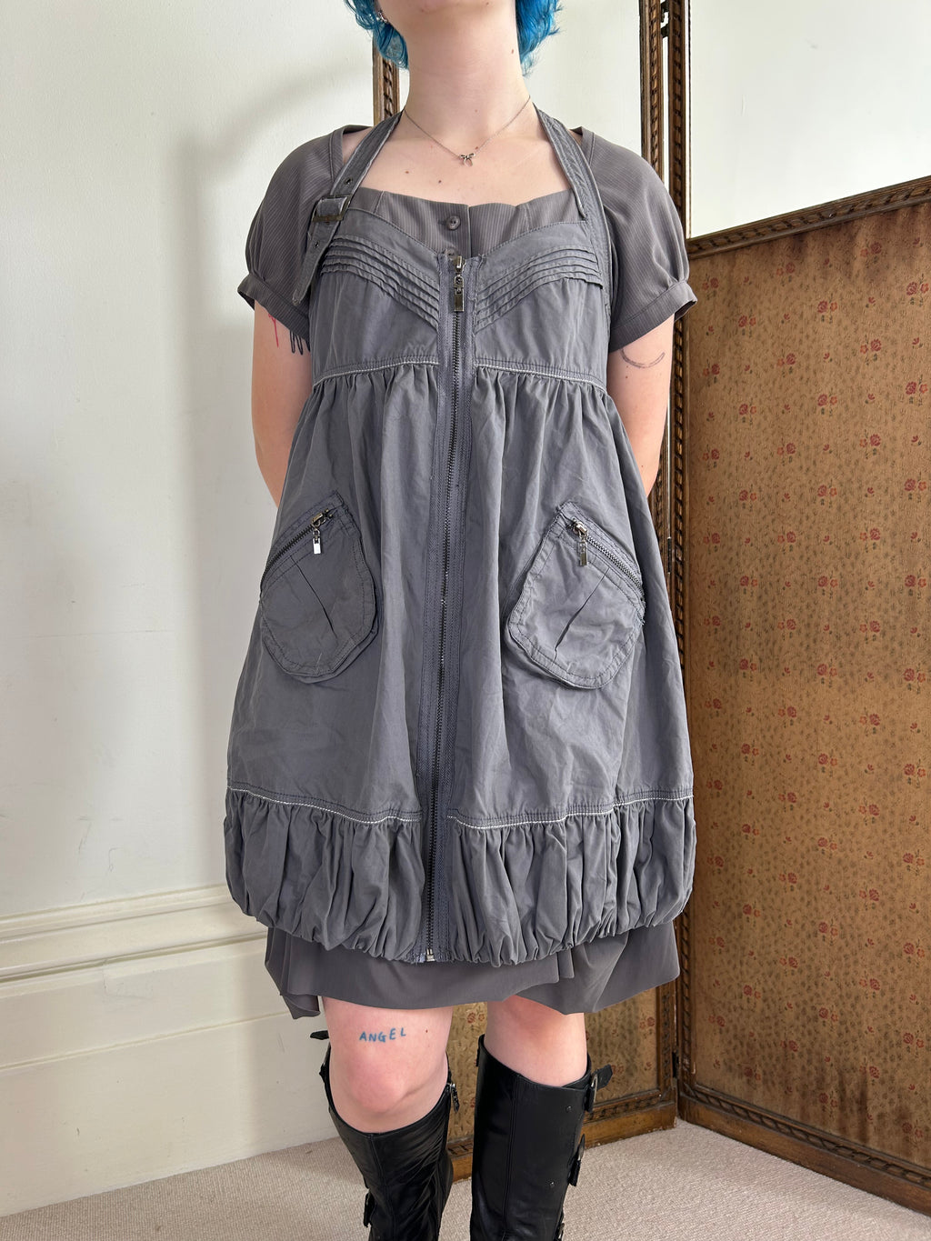 Grey Cargo Zip Up Dress