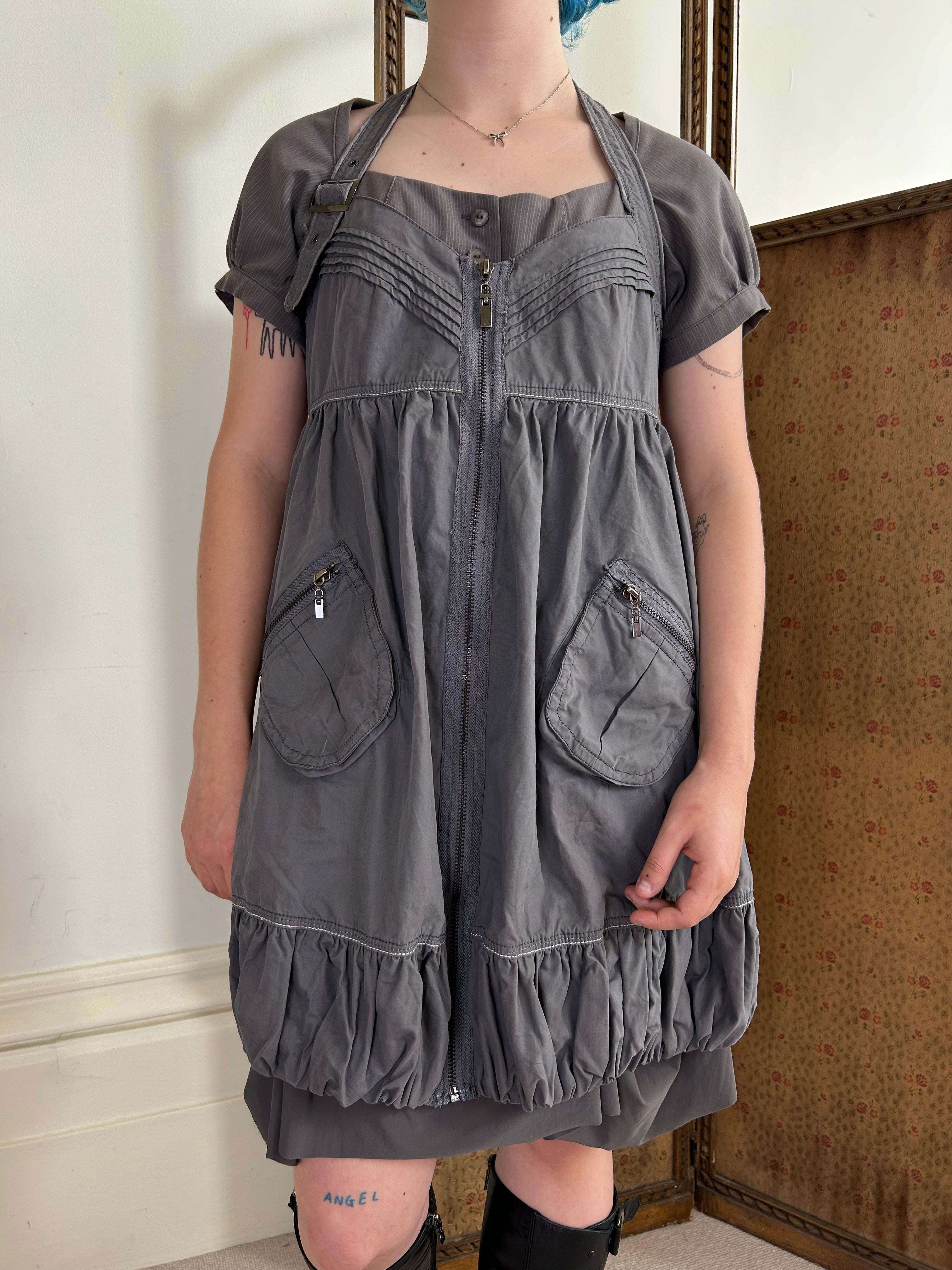 Grey Cargo Zip Up Dress